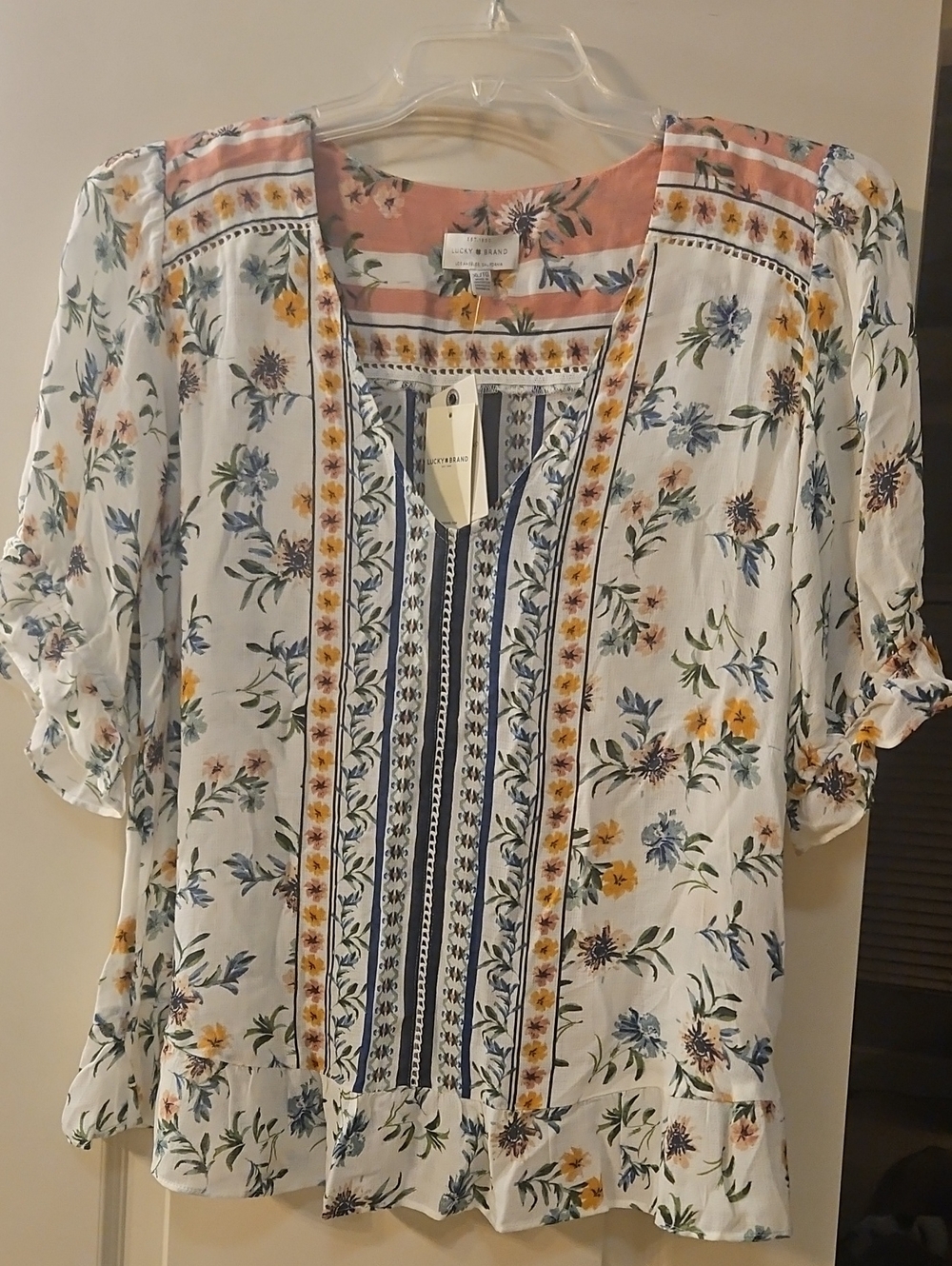 Lucky Brand White Floral Split-Front Peasant Blouse with Blue and Yellow Accents